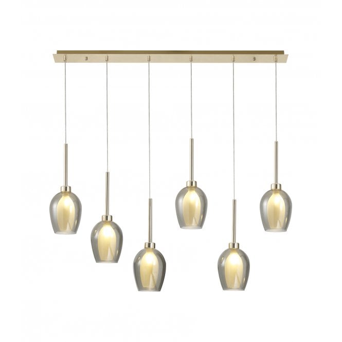 Fabula Fabula Tamworth 6 Light Linear Pendant - Wine Glass Shades with Inner Frosted Glass - French Gold, Smoked & Frosted Glass