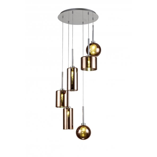 Fabula Fabula Tamworth 6 Light Round Pendant - Mixed Shades G - Polished Chrome, Copper & Frosted Glass