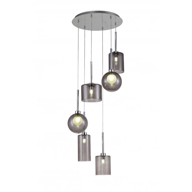 Fabula Fabula Tamworth 6 Light Round Pendant - Mixed Shades G - Polished Chrome, Smoked & Frosted Glass