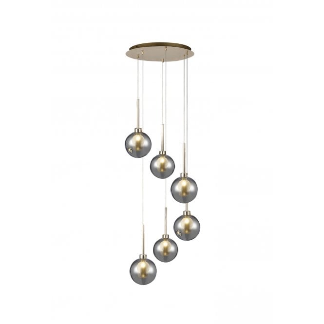 Fabula Fabula Tamworth 6 Light Round Pendant - Round Shades with Inner Frosted Globes - French Gold, Chrome & Frosted Glass