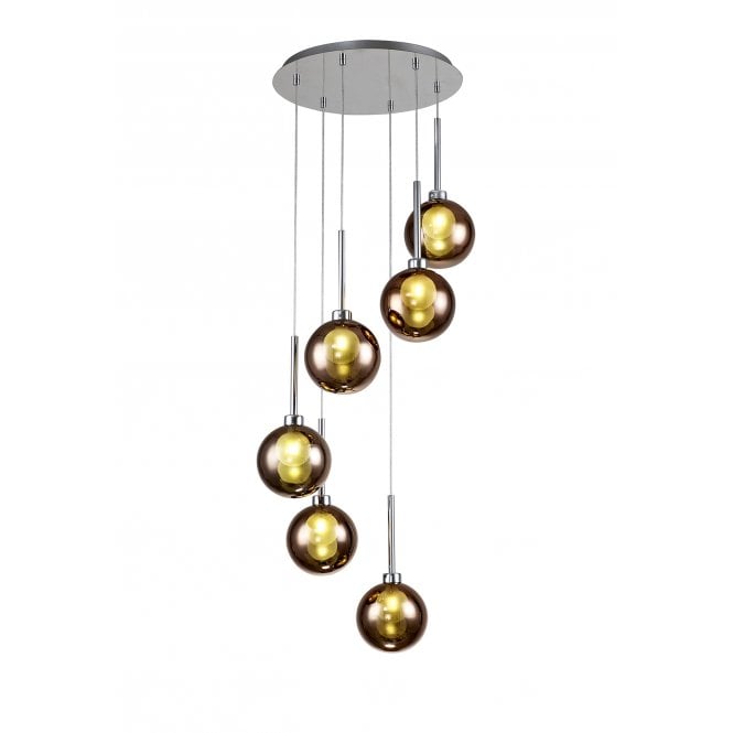 Fabula Fabula Tamworth 6 Light Round Pendant - Round Shades with Inner Frosted Globes - Polished Chrome, Copper & Frosted Glass