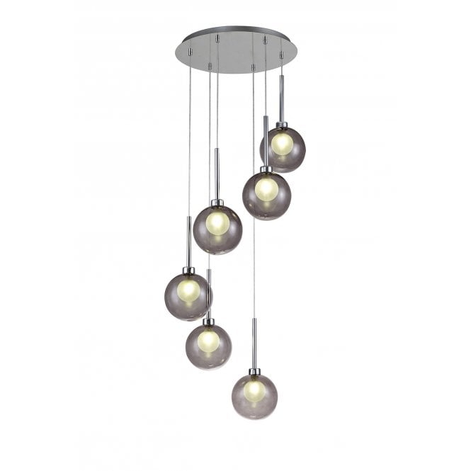 Fabula Fabula Tamworth 6 Light Round Pendant - Round Shades with Inner Frosted Globes - Polished Chrome, Smoked & Frosted Glass