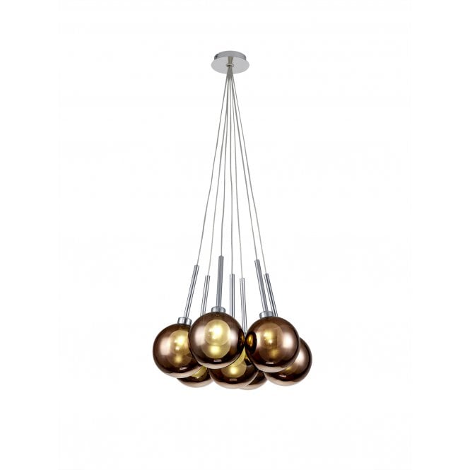 Fabula Fabula Tamworth 7 Light Cluster Pendant - Round Shades with Inner Frosted Globes - Polished Chrome, Copper & Frosted Glass