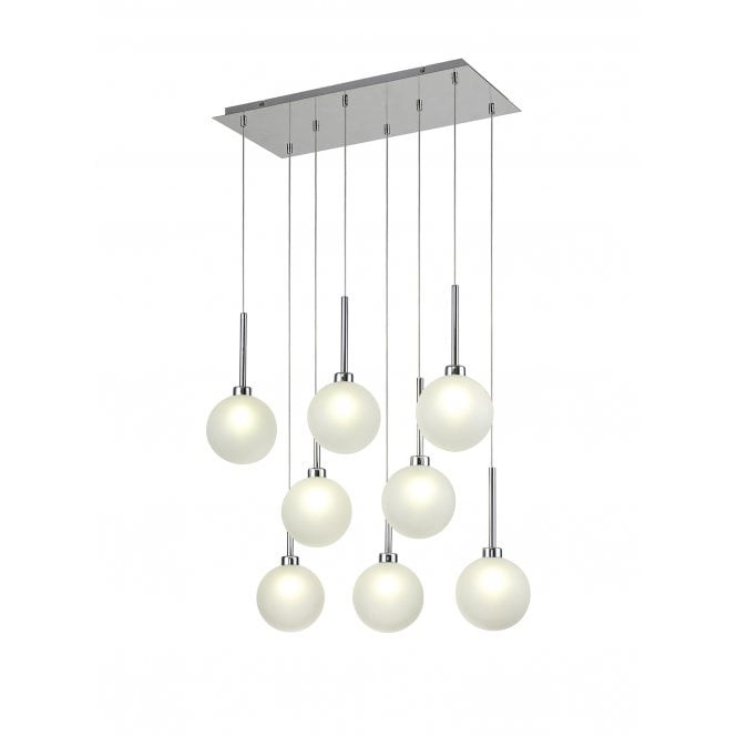 Fabula Fabula Tamworth 8 Light Rectangle Pendant - Round Shades with Inner Frosted Globes - Polished Chrome & Frosted Glass