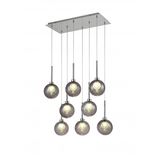 Fabula Fabula Tamworth 8 Light Rectangle Pendant - Round Shades with Inner Frosted Globes - Polished Chrome, Smoked & Frosted Glass