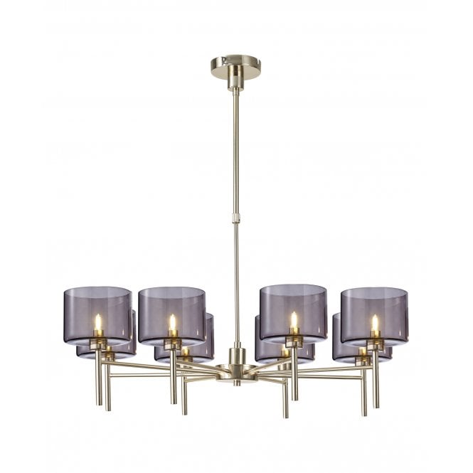 Fabula Fabula Tamworth 8 Light Telescopic Semi Flush - Short Cylinder Shades - French Gold & Smoked Glass