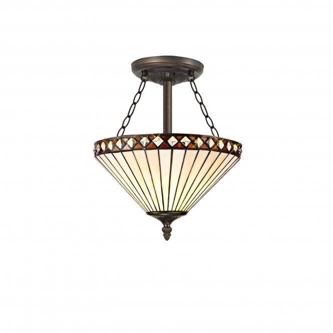 Fabula Fabula Westall 3 Light Semi-Flush Light - 30cm Tiffany Shade - Amber & Cream