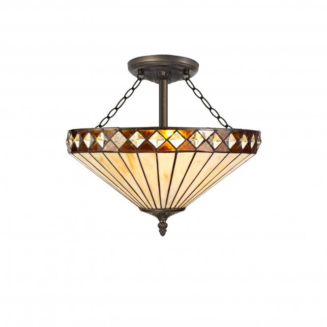 Fabula Fabula Westall 3 Light Semi-Flush Light - 40cm Tiffany Shade - Amber & Cream