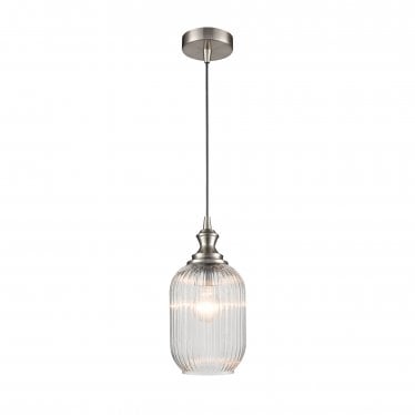 Refract Pendant - 150mm Ribbed Glass Shade - Satin Nickel & Clear Glass