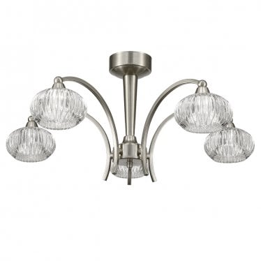 Ripple 5 Light Ceiling Fitting - Satin Nickel & Ribbed Glass