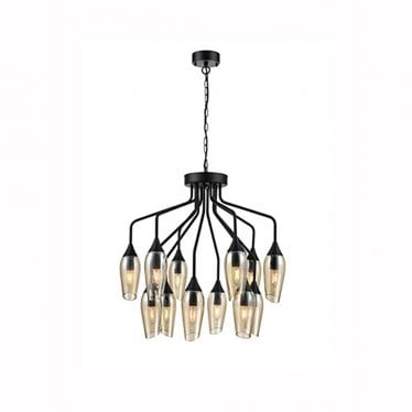 Taper 12 Light Pendant - Matt Black &  Amber Glass