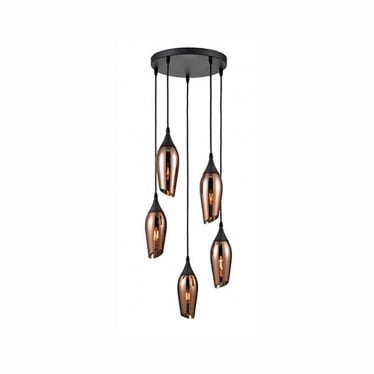 Taper 5 Light Spreader Pendant - Matt Black & Copper Glass