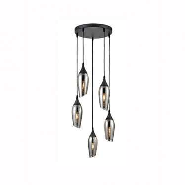 Taper 5 Light Spreader Pendant - Matt Black & Smoked Glass