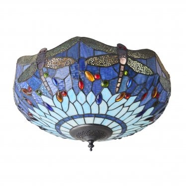 Dragonfly Blue Medium 2 Light Flush Fitting - Tiffany Glass