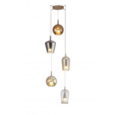 Elsa 5 Light Pendant - Mixed Shades With Frosted Inner Cones - Gold With Clear, Chrome, Copper & Bronze Glass