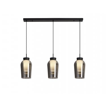 Nora 3 Light Adjustable Linear Pendant - Black, Black Marble & Chrome Glass With Frosted Inner