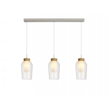 Nora 3 Light Adjustable Linear Pendant - White, Wood & Clear Glass With Frosted Inner