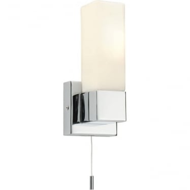 Square single light wall fitting IP44 - Chrome plate & matt opal duplex glass