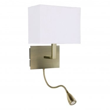 Antique Brass Wall Light With White Shade Incorporating LED Flexi - Arm, Switched