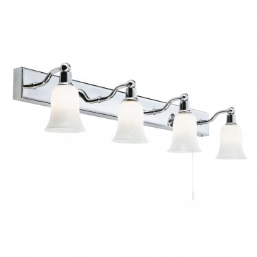 Belvue 4 Light Bathroom Wall Bar - Chrome & White Glass Shades - IP44