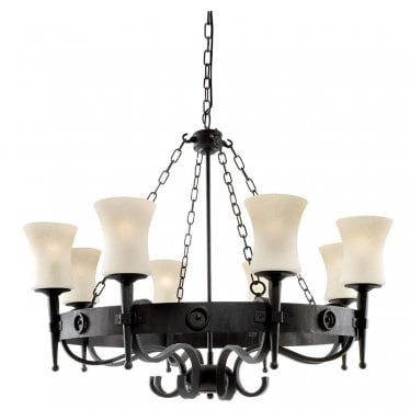 Cartwheel 8 Light Pendant - Black & Sanded Glass