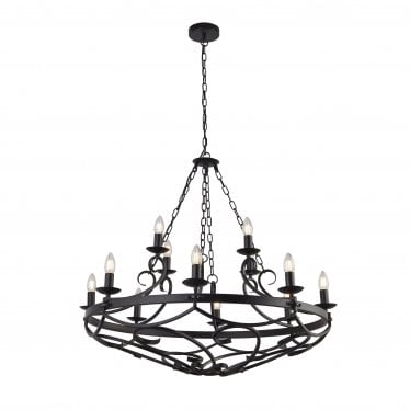 Cartwheel III 12 Light Pendant - Black Wrought Iron