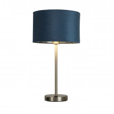 Finn USB Table Lamp - Satin Nickel & Teal Velvet Shade