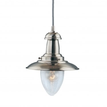 Fisherman Satin Silver Pendant Light With Oval Seeded Glass Shade