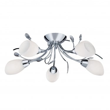 Gardenia Chrome 5 Light Semi-Flush Fitting With Crystal Detail & Opal Glass Shades