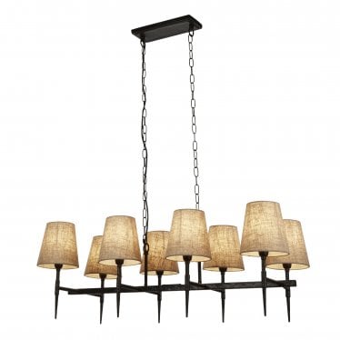 Gothic 8 Light Bar Pendant - Hammered Black Metal & Natural Linen