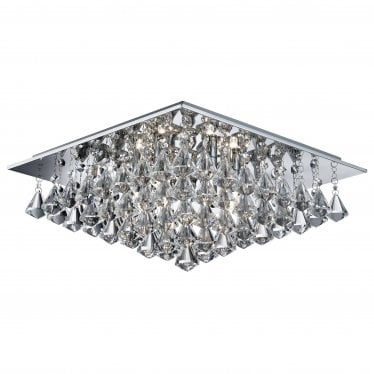 Hanna - 6 Light Square Flush Ceiling, Chrome, Clear Crystal Pyramid Drops