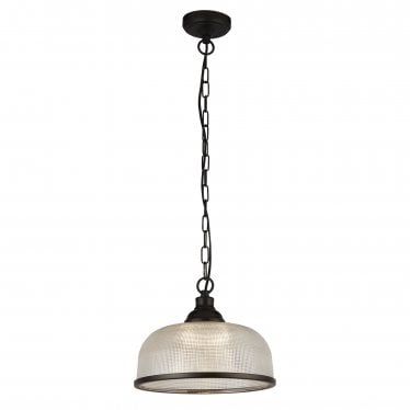 Highworth Pendant - Matt Black Metal & Holophane Style Glass