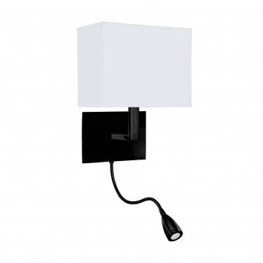 Hotel Wall Light with Reading Light - Matt Black & White Fabric Shade