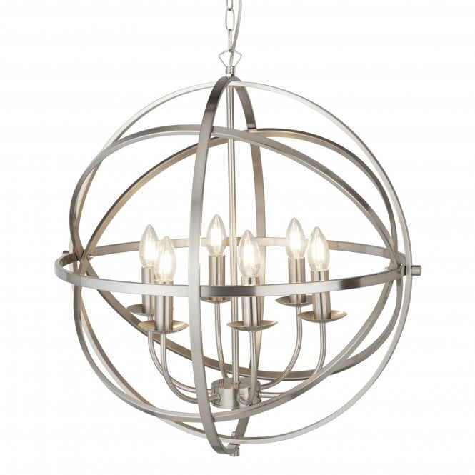 Searchlight Lighting Searchlight Lighting Orbit 6 Light Cage Frame Orb Pendant, Satin Silver