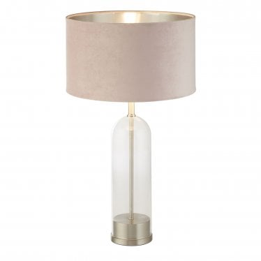 Oxford Table Lamp - Satin Nickel, Glass & Pink Velvet Shade