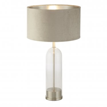 Oxford Table Lamp - Satin Nickel, Glass & Taupe Velvet Shade