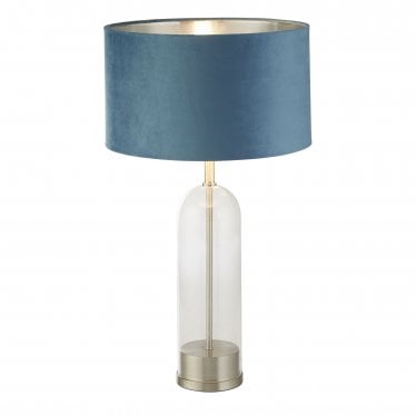 Oxford Table Lamp - Satin Nickel, Glass & Teal Velvet Shade