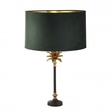 Palm Table Lamp - Black, Antique Brass & Green Velvet Shade