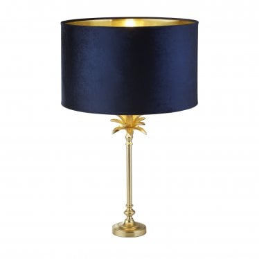 Palm Table Lamp - Satin Brass & Navy Velvet Shade