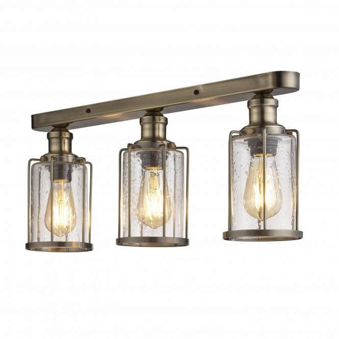 Searchlight Lighting Searchlight Lighting Pipes 3 Light Flush Antique Brass With Seeded Glass