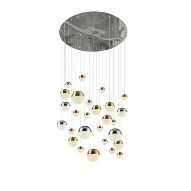 Planets 27 Light Multi-Drop Pendant - Copper, Chrome & Satin Brass