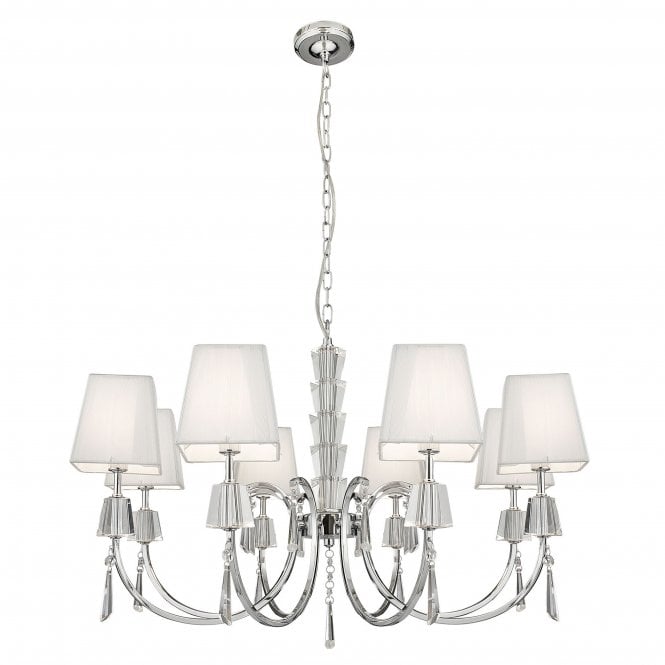 Searchlight Lighting Searchlight Lighting Portico Chrome 8 Light Pendant With Crystal Drops & Square White String Shades