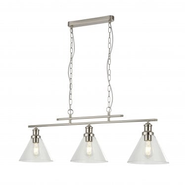 Pyramid 3 Light Pendant Satin Silver, Clear Glass Shade