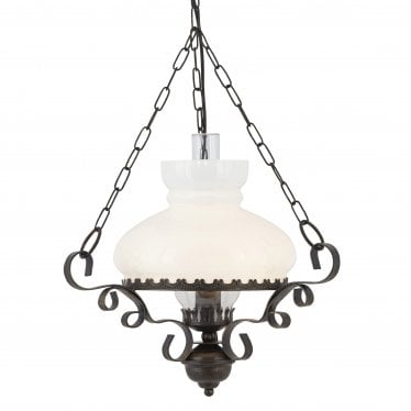 Rustic Wrought Iron Oil Lantern With Opal Glass Diffuser