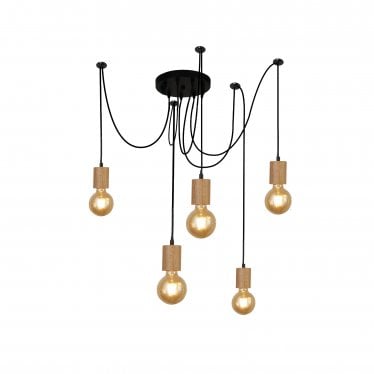 Spinny 5 Light Ceiling Pendant - Wood & Black Metal