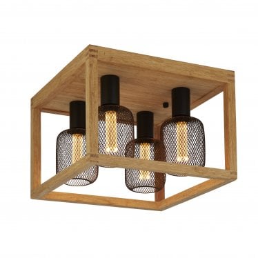 Square 4 Light Flush - Natural Wood & Black