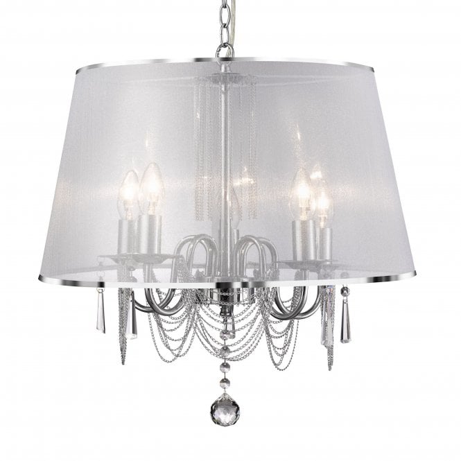 Searchlight Lighting Searchlight Lighting Venetian - 5 Light Ceiling, Chrome, Chain Link, Clear Crystal Glass, White Voile Shade