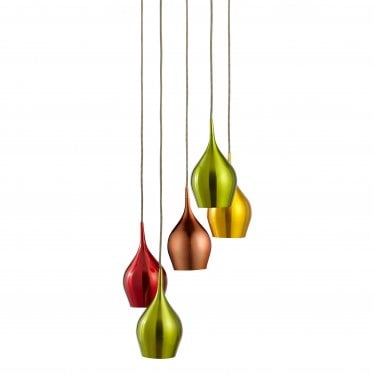 Vibrant 5 Light Multi - Drop Coloured (Red, Green, Gold, Copper) Shades