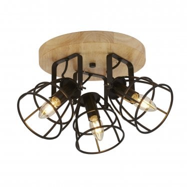 Vision 3 Light Cage Round Ceiling Light - Matt Black & Wood