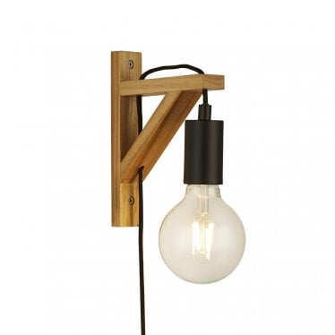 Woody Plug In Wall Light - Natural Wood & Black